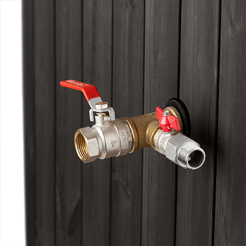 Close-up of the drain and chiller connection valves on the SaunaLife S2B tub exterior