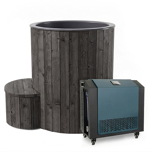 SaunaLife Model S1BC black cold plunge tub with matching step and FDC-1A chiller heater unit 