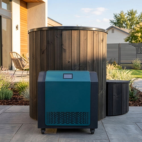 SaunaLife S1BC black cold plunge tub and chiller set up in a backyard garden  patio