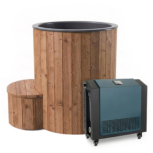 SaunaLife Model S1NC natural wood cold plunge tub with matching step and FDC-1A chiller heater unit