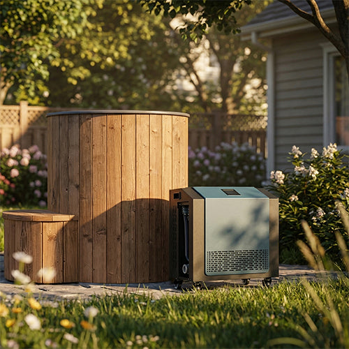 SaunaLife S1NC cold plunge tub and chiller set up in a backyard garden patio