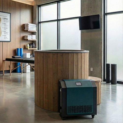 SaunaLife S1NC cold plunge tub and chiller set up in an indoor wellness recovery studio