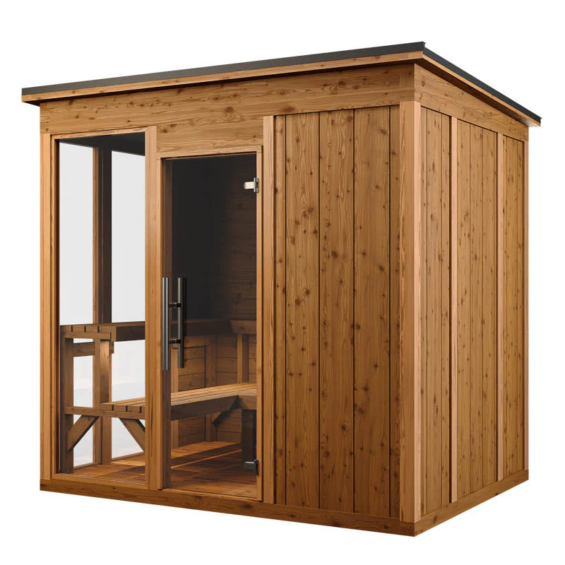 Superior Saunas Thermory Mod6 Traditional Outdoor Sauna - Side Angle View with Glass Wall Panel and Wood Exterior