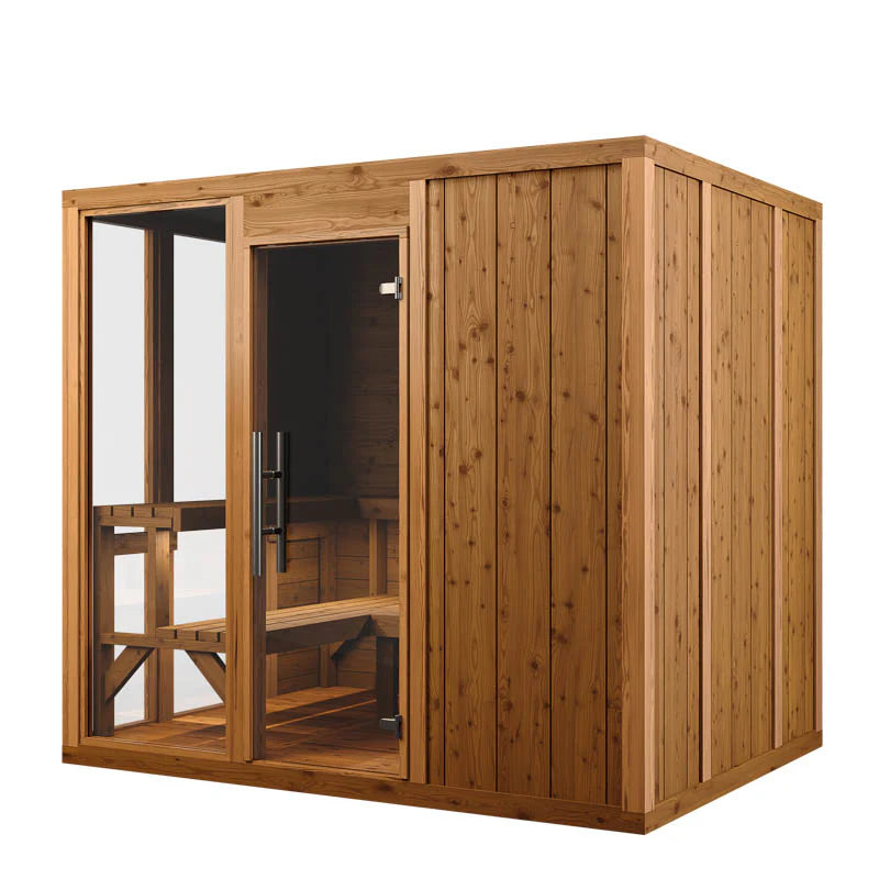 Superior Saunas Thermory Mod6 Traditional Outdoor Sauna - Angled View with Flat Roof and Glass Entry Door