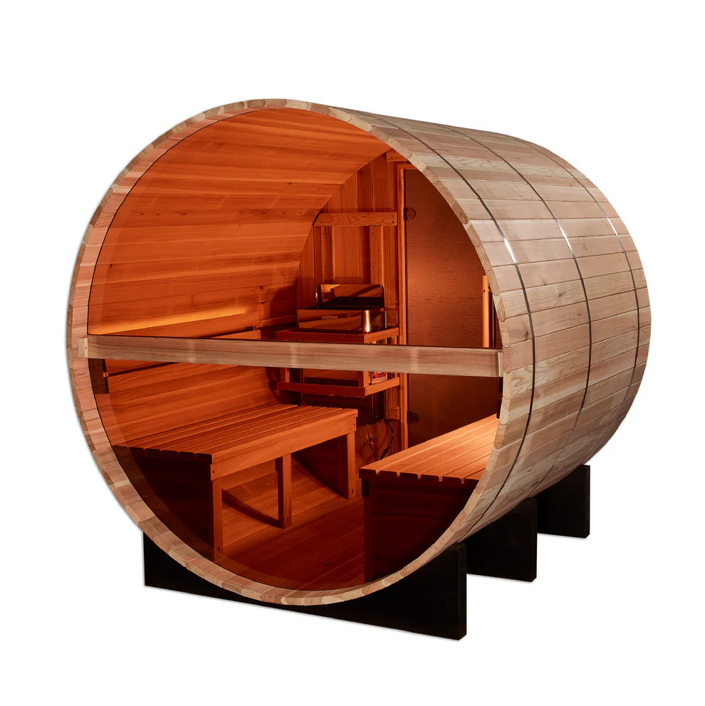 Golden Designs “Zurich” 4-Person Barrel Traditional Sauna (Pacific Cedar) — Bronze Privacy View (GDI-B024-01)
