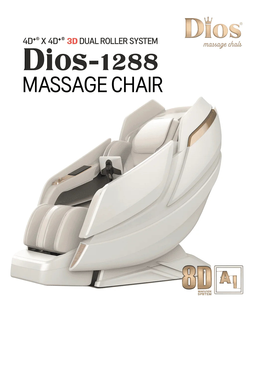 Dios-1288 8D Massage Chair, Dual Air-Tech SL-Track, Brain Relaxation Program — White