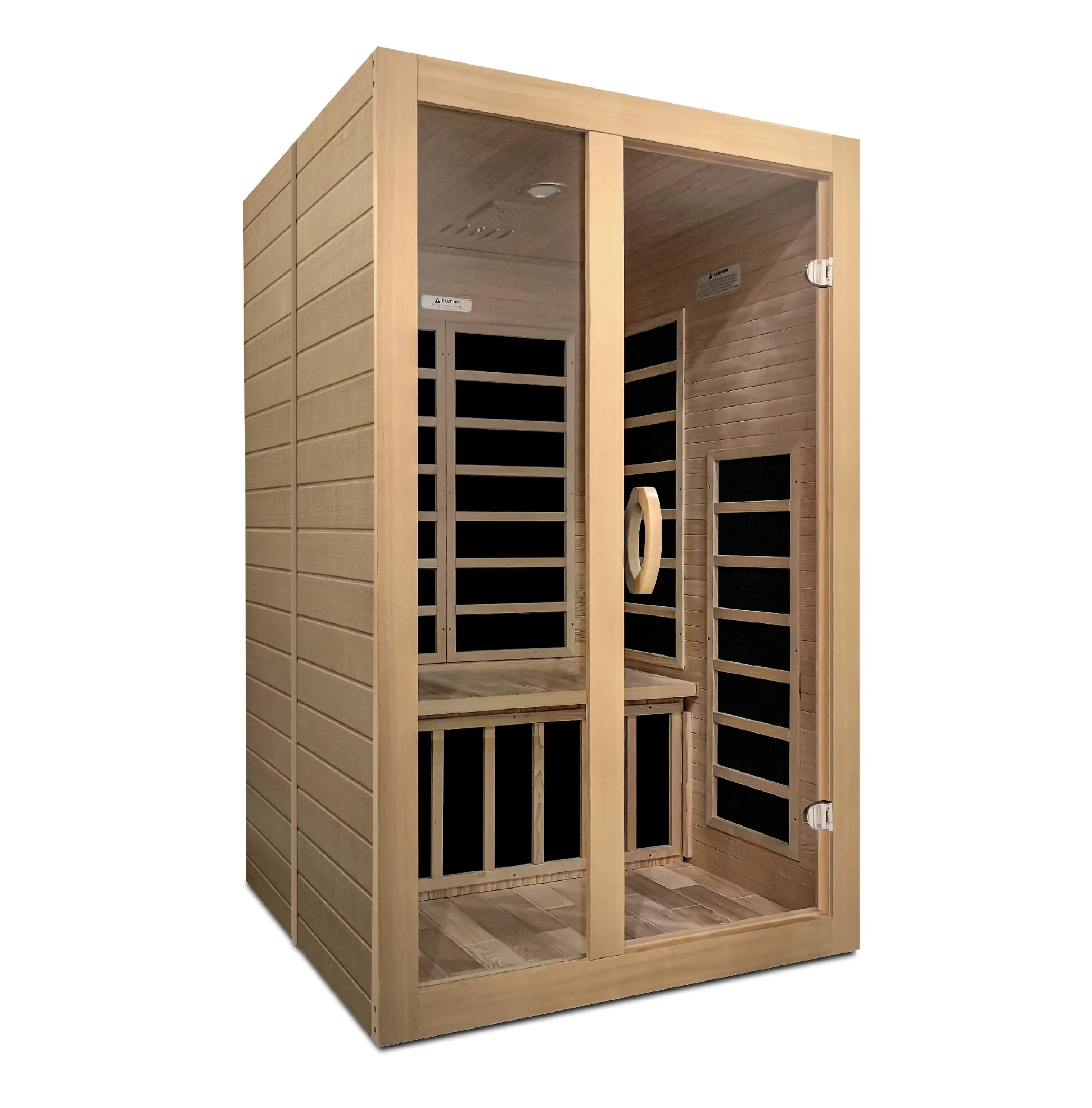 Front view of Dynamic Santiago 2 person low EMF FAR infrared sauna with tempered glass door