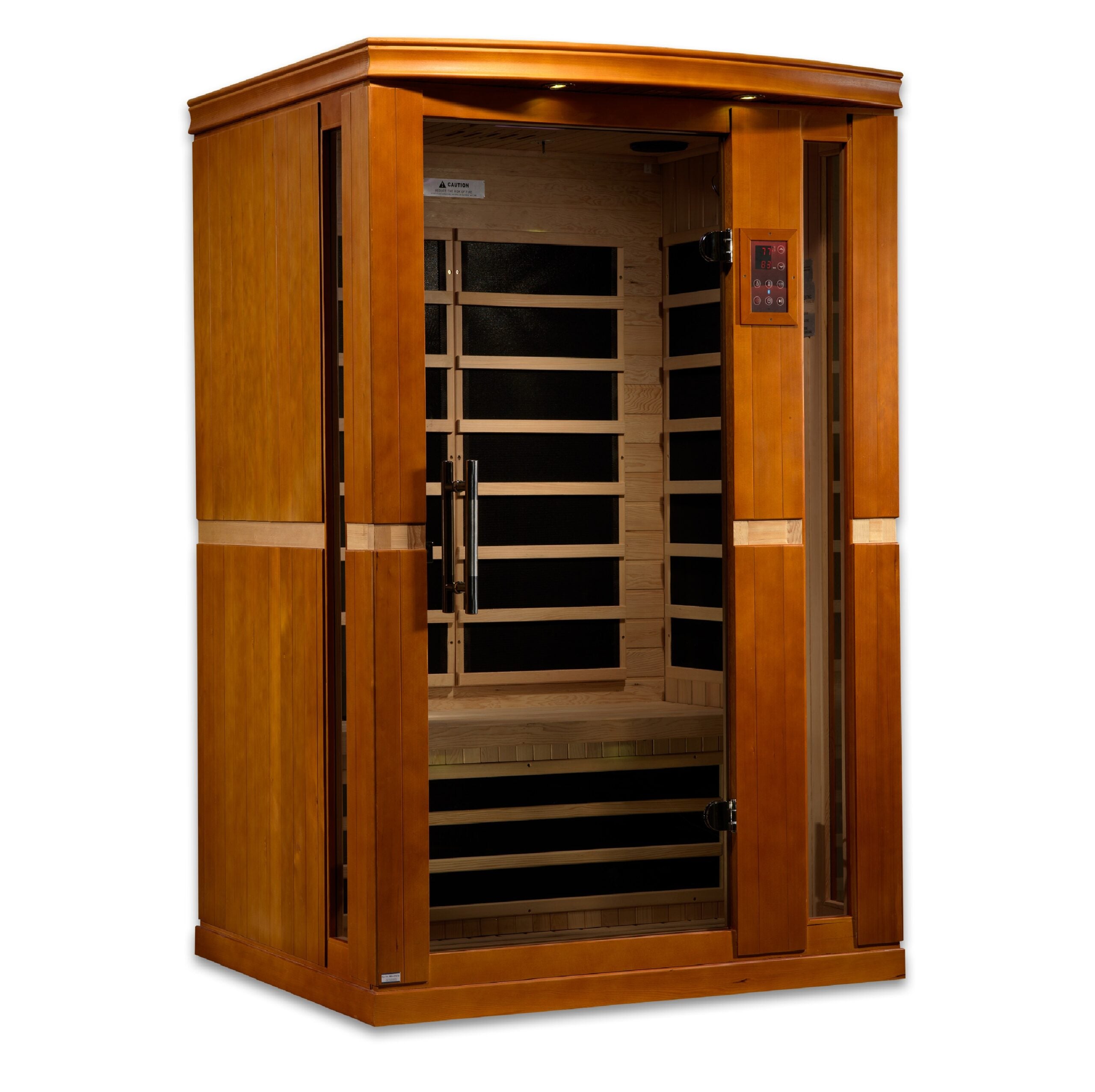 Front angled view of Dynamic Vittoria 2 person low EMF FAR infrared sauna with tempered glass door