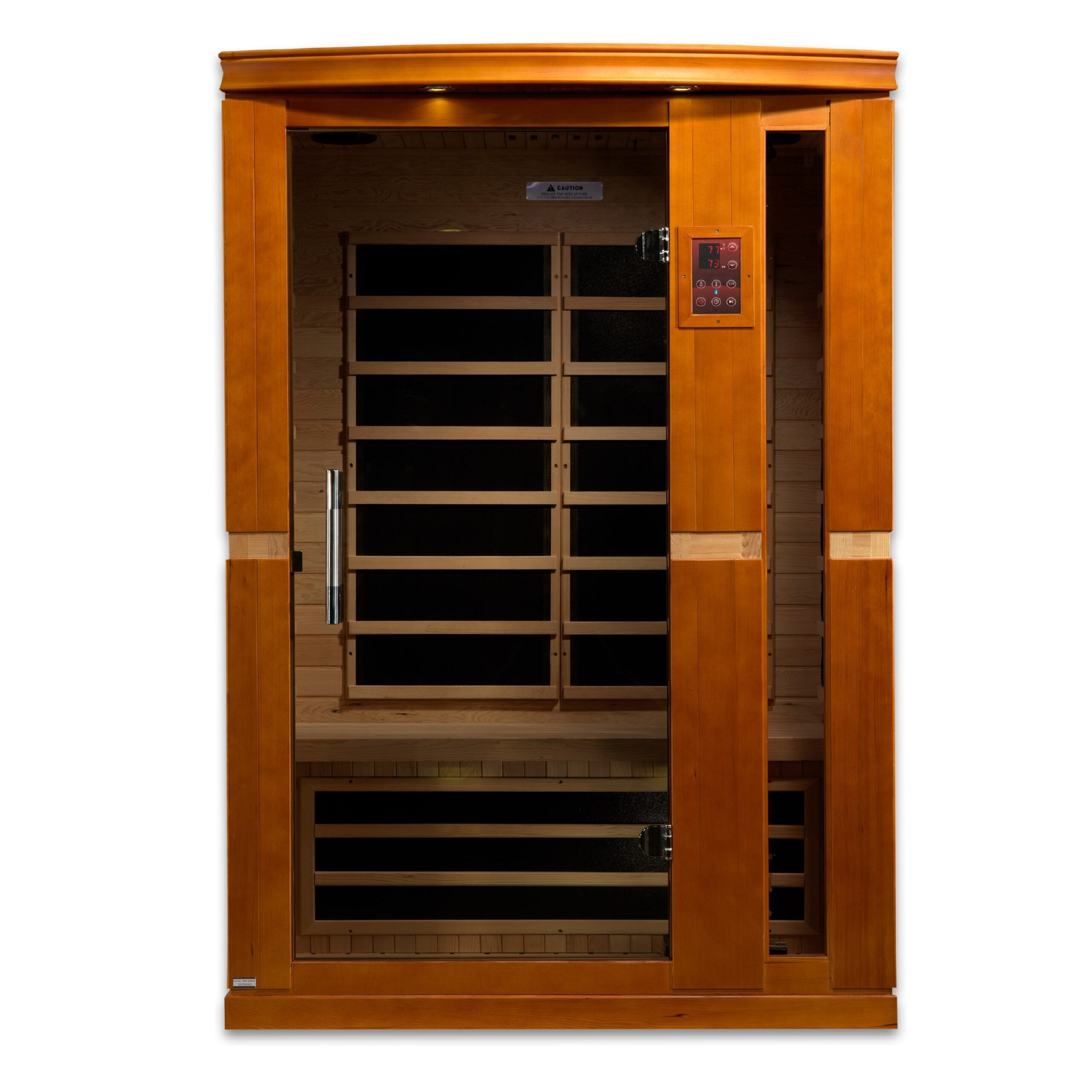 Front view of Dynamic Vittoria 2 person low EMF FAR infrared sauna with exterior control panel