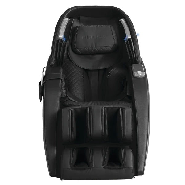 Front view of the Infinity Dynasty 4D massage chair in black featuring L-Track roller system, Zero Gravity recline, full body air compression massage, and advanced foot reflexologygravity