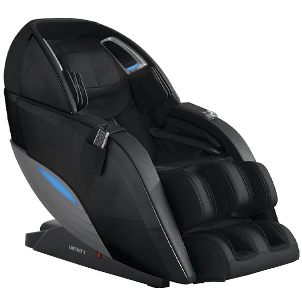 Infinity Dynasty 4D massage chair in black shown in a 3/4 front hero view featuring Zero Gravity recline, L-Track roller system, full body air compression, and advanced foot reflexology massage
