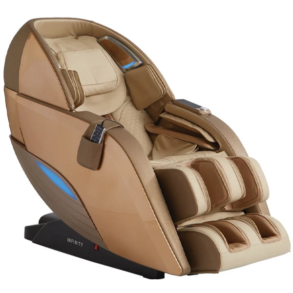 Infinity Dynasty 4D massage chair in gold and tan shown in a 3/4 front hero view featuring Zero Gravity recline, L-Track roller system, full body air compression, and advanced foot reflexology massage