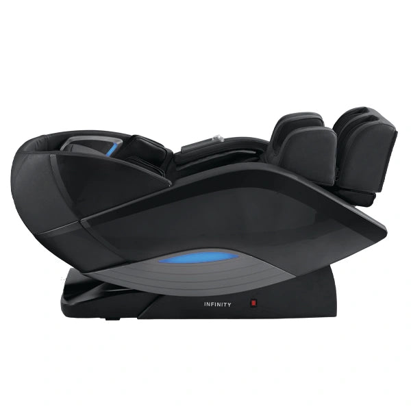 Infinity Dynasty 4D massage chair in black displayed in Zero Gravity recline highlighting L-Track roller coverage, spinal decompression, full body air compression massage, and foot reflexology