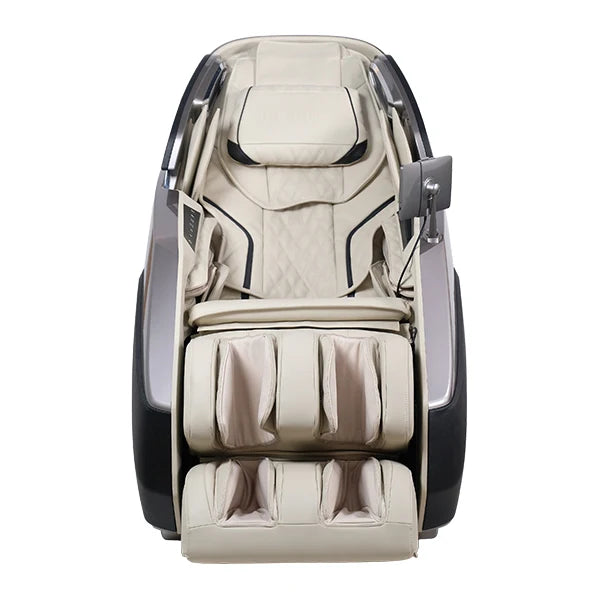 Infinity Imperial Syner-D 4D luxury massage chair in grey and tan with dual track system, foot rollers, and full-body massage