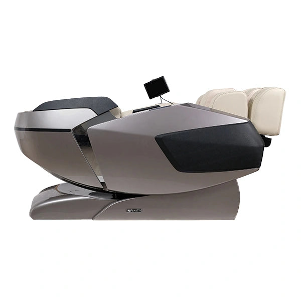 Infinity Imperial Syner-D 4D massage chair in grey and tan shown in Zero Gravity recline, featuring dual track massage technology, deep tissue rollers, and full-body pain relief at home