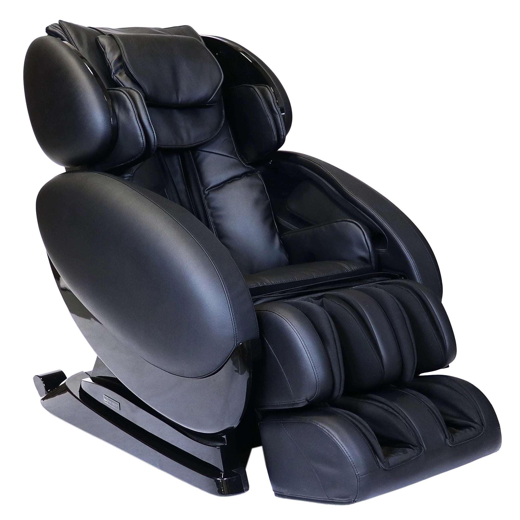 Infinity IT-8500 Plus massage chair in black shown in a 3/4 front view featuring S-Track rollers, Zero Gravity recline, spinal decompression stretch programs, and full body air compression massage