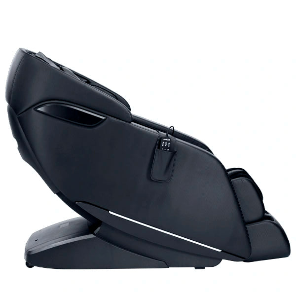 Side view of Kyota Genki M380 massage chair in black showing zero gravity recline and compact space-saving design