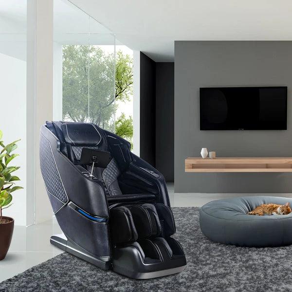 Kyota Kizuna M688 4D massage chair displayed in a modern living room, featuring zero gravity recline, SL-track full body massage, deep calf and foot rollers, premium quilted upholstery, and built-in tablet holder for home wellness relaxation