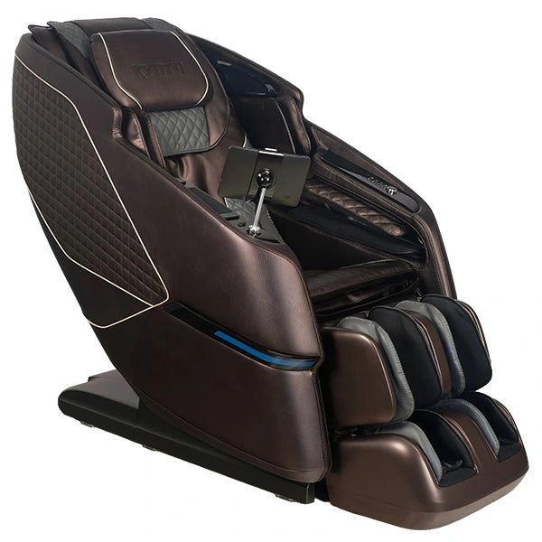 Front view of the Kyota Kizuna M688 brown 4D massage chair with SL-track design, zero gravity recline, full body air compression, deep calf and foot massage rollers, quilted premium upholstery, and built-in tablet holder