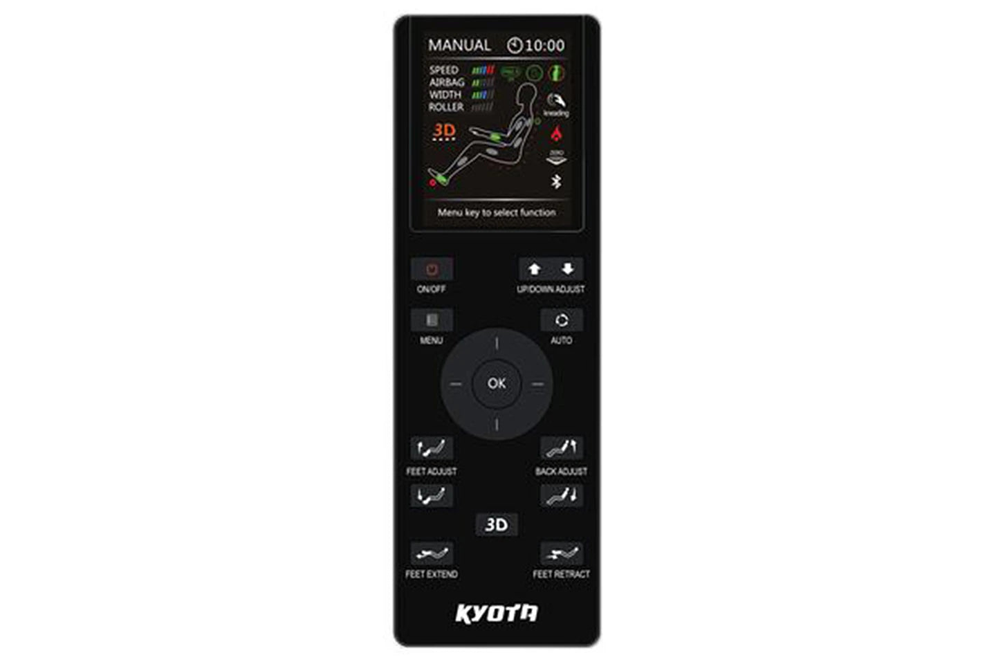Kyota massage chair remote control displaying manual settings for 3D massage, zero gravity positioning, and foot and back adjustment controls