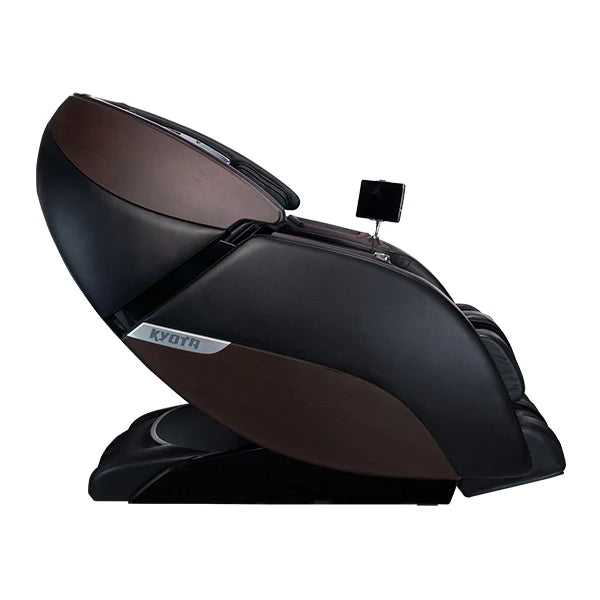 Side view of Kyota Nokori M980 Syner-D 4D zero gravity massage chair showing space-saving recline design and full body SL-track support