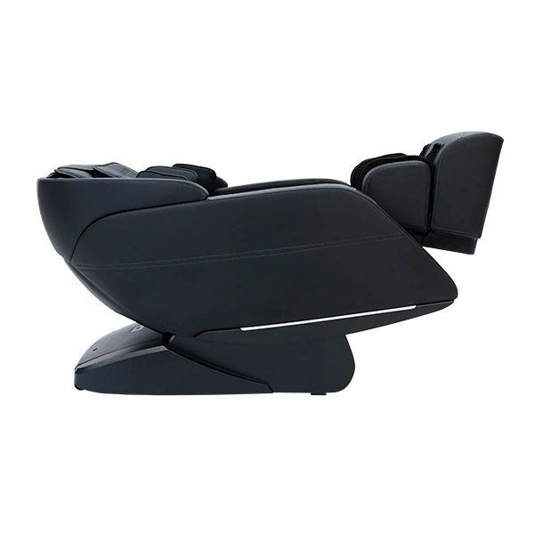 Side profile of the Kyota Yugana M780 4D massage chair in black shown in zero gravity recline position with full body air compression and space-saving design