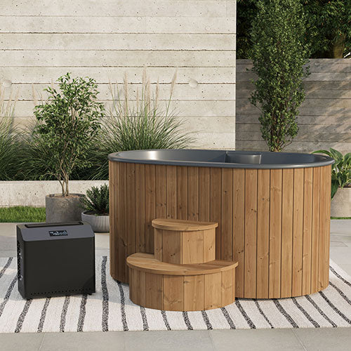 SaunaLife S2N natural Thermo-Pine immersion tub with matching steps