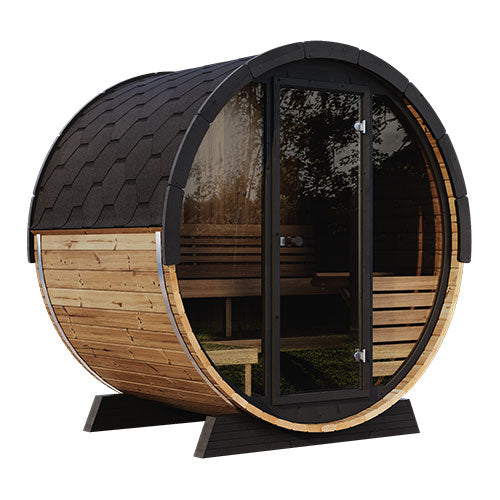 SaunaLife Model EE6G Outdoor Barrel Sauna – 4-Person Glass Front Thermo-Spruce Sauna
