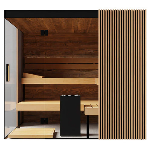 Front view of ThermaSol Aalto indoor sauna with glass door, modern wood interior, and minimalist heater design