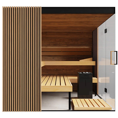 ThermaSol Aalto indoor sauna with glass door, Scandinavian wood interior, bench seating, and modern heater unit