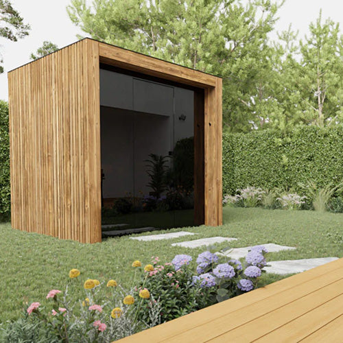 ThermaSol Fortis modern outdoor sauna cabin with thermo-spruce wood exterior and dark glass front installed in landscaped backyard garden setting