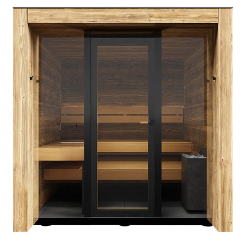 Front view of ThermaSol Fortis outdoor sauna cabin with tinted glass door, thermo-spruce wood exterior and Harvia heater inside modern luxury sauna design
