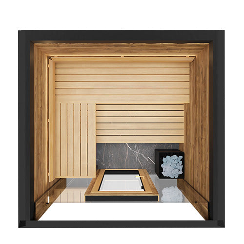 Interior view of ThermaSol Fortis outdoor sauna showing thermo-aspen benches, wood panel walls, and Harvia heater in modern luxury sauna cabin