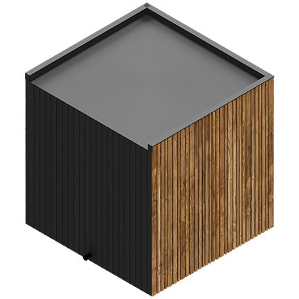Top exterior view of ThermaSol Fortis outdoor sauna cabin showing modern roof design with thermo-spruce wood siding and black architectural panels