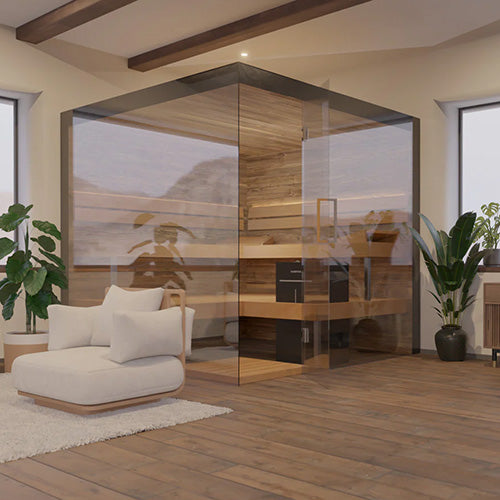 ThermaSol Lumaria indoor sauna cabin with panoramic glass walls and Harvia Wi-Fi heater in luxury home wellness room