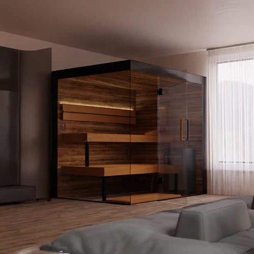 ThermaSol Lumaria indoor sauna cabin with panoramic glass walls, modern corner installation, thermo-aspen benches, and luxury home spa design