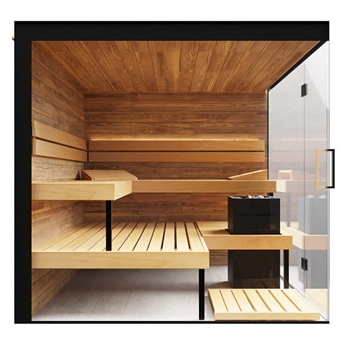 Interior of ThermaSol Lumaria indoor sauna cabin featuring thermo-aspen tiered benches, panoramic glass door, and Harvia WiFi heater with modern wood design