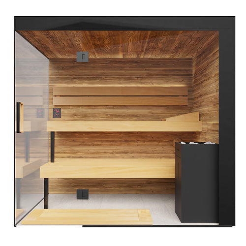 Interior of ThermaSol Lumaria indoor sauna featuring two-tier thermo-aspen benches, glass wall, LED lighting, and modern luxury spa design