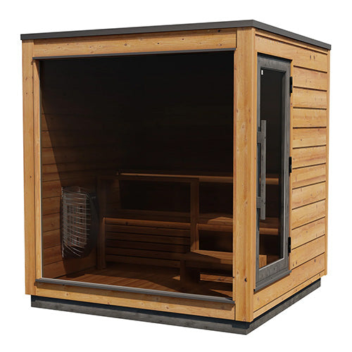 ThermaSol Nordic Dawn outdoor sauna cabin with thermo-pine wood exterior, glass front panel, tiered benches and WiFi-enabled heater interior view