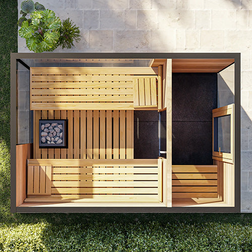 Top view layout of ThermaSol Ombra luxury outdoor sauna cabin showing bench seating, heater placement, and dressing lounge area