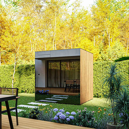 ThermaSol Spectra 4 person luxury outdoor sauna cabin installed in modern backyard with glass front and wood exterior design