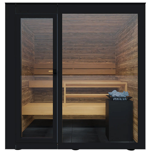 ThermaSol Spectra 4 person outdoor sauna cabin interior with tinted glass front and thermo aspen bench seating