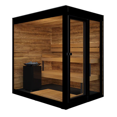 ThermaSol Vera modern outdoor sauna with tinted Parsol glass and thermally modified wood interior