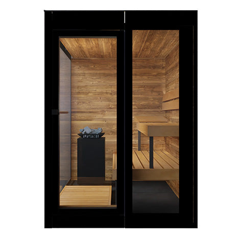 Front view of ThermaSol Vera outdoor sauna cabin with mirrored glass door, thermo-aspen benches, and Harvia heater interior