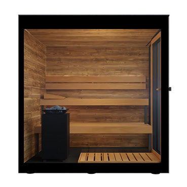 Interior of ThermaSol Vera outdoor sauna cabin with thermo-aspen benches, Tyrol wood panels, and Harvia heater