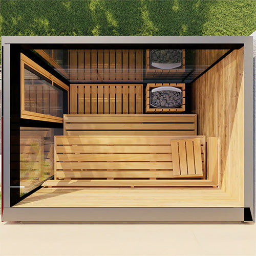 Top view of ThermaSol Vera outdoor sauna cabin showing thermo-aspen bench layout and Harvia heater inside modern glass sauna design