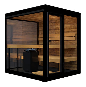 ThermaSol Vue outdoor sauna cabin with black enamel frame, mirrored glass panels, and modern wood interior design
